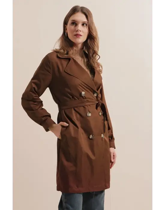 5864 Kruvaze Yaka Kısa Trençkot - Kahverengi