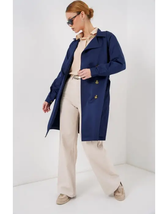 5864 Kruvaze Yaka Kısa Trençkot - Lacivert