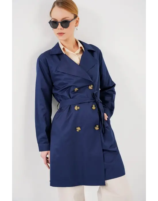 5864 Kruvaze Yaka Kısa Trençkot - Lacivert