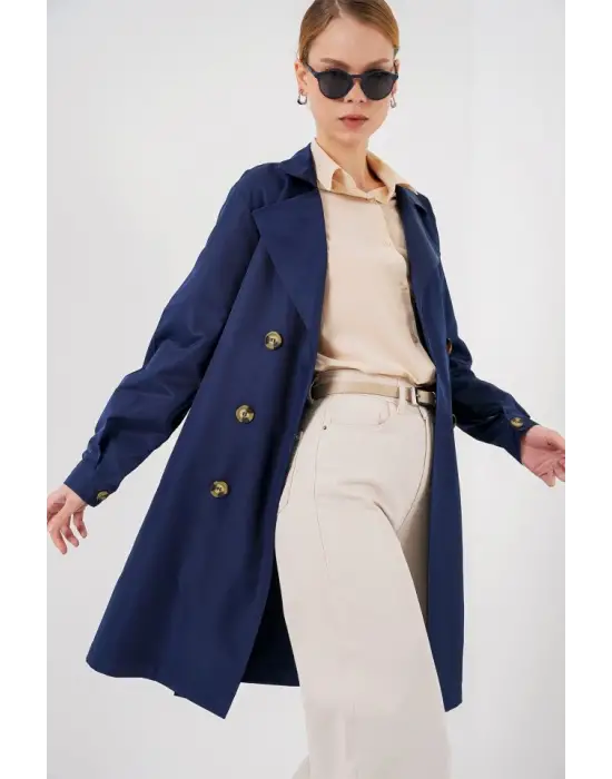 5864 Kruvaze Yaka Kısa Trençkot - Lacivert