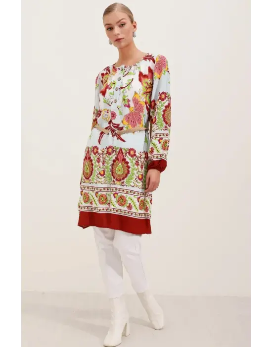 5902 Kemerli Desenli Elbise - Bordo