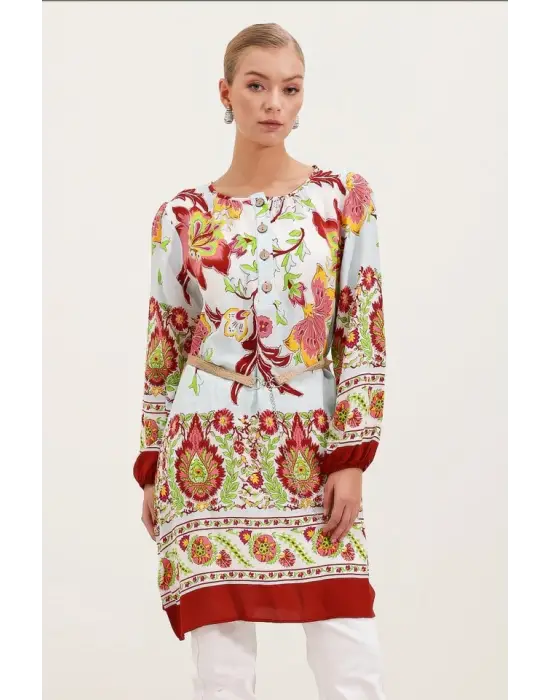 5902 Kemerli Desenli Elbise - Bordo