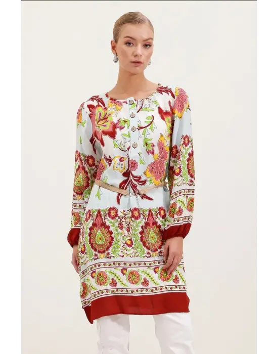 5902 Kemerli Desenli Elbise - Bordo