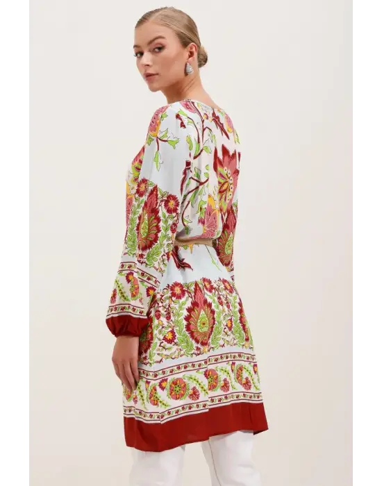 5902 Kemerli Desenli Elbise - Bordo