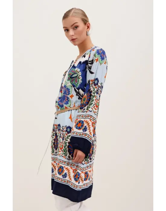 5902 Kemerli Desenli Elbise - Lacivert