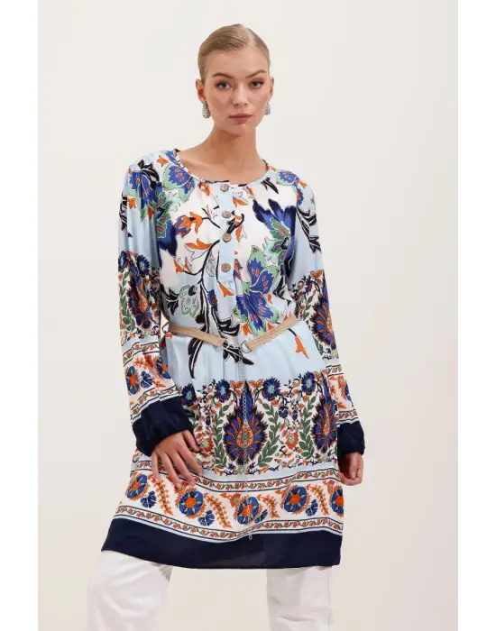 5902 Kemerli Desenli Elbise - Lacivert