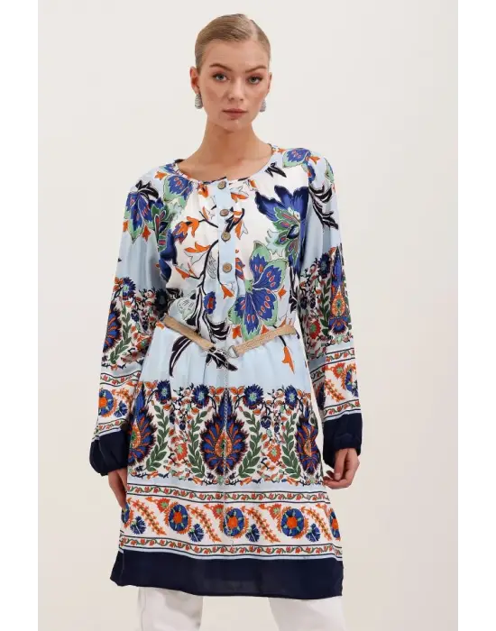 5902 Kemerli Desenli Elbise - Lacivert