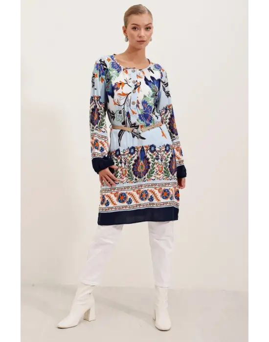 5902 Kemerli Desenli Elbise - Lacivert