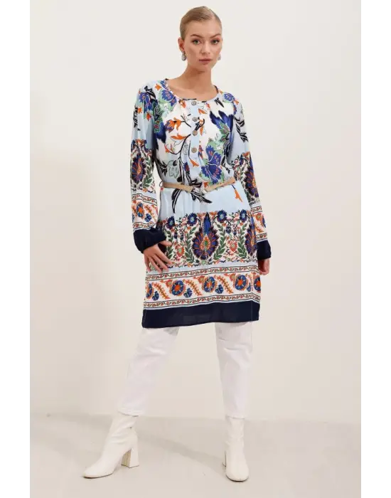 5902 Kemerli Desenli Elbise - Lacivert