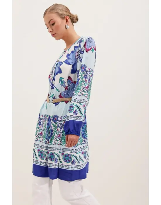 5902 Kemerli Desenli Elbise - Saks