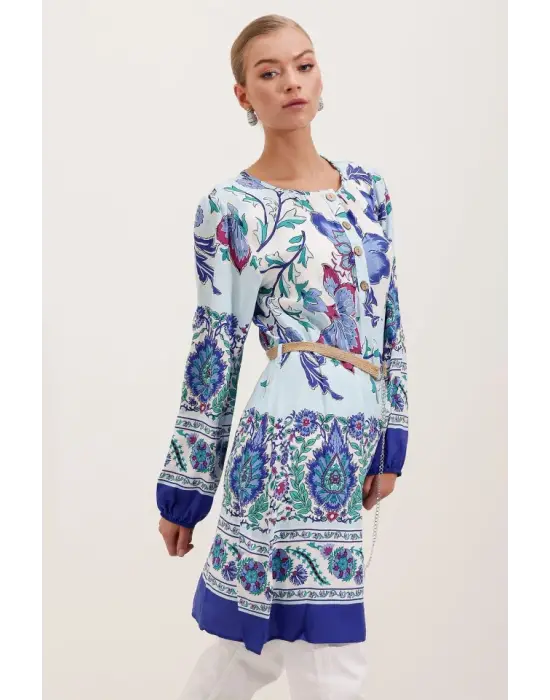 5902 Kemerli Desenli Elbise - Saks