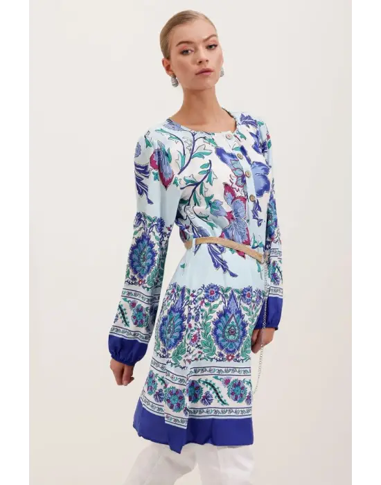 5902 Kemerli Desenli Elbise - Saks