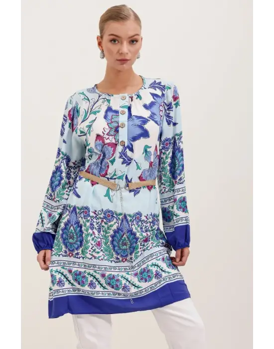 5902 Kemerli Desenli Elbise - Saks