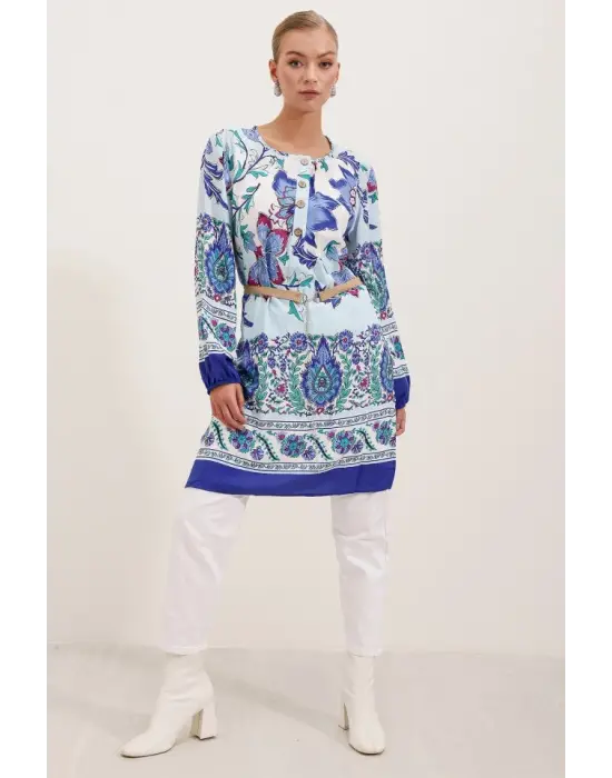 5902 Kemerli Desenli Elbise - Saks