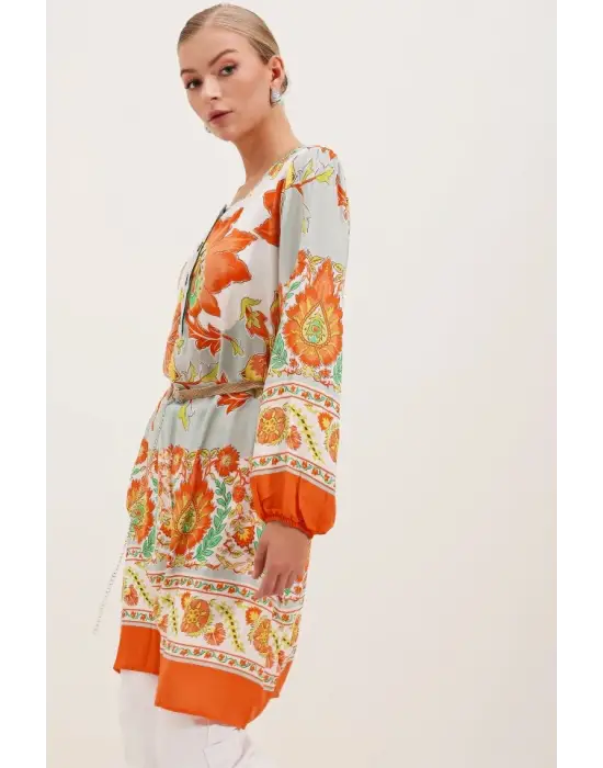 5902 Kemerli Desenli Elbise - Turuncu