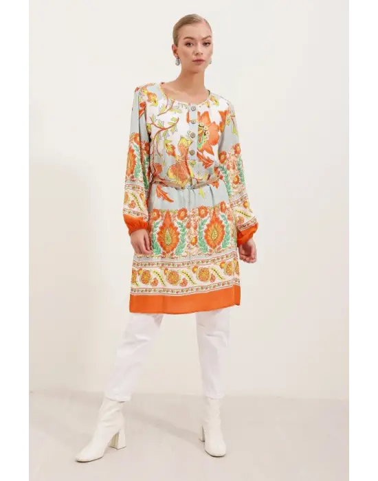 5902 Kemerli Desenli Elbise - Turuncu