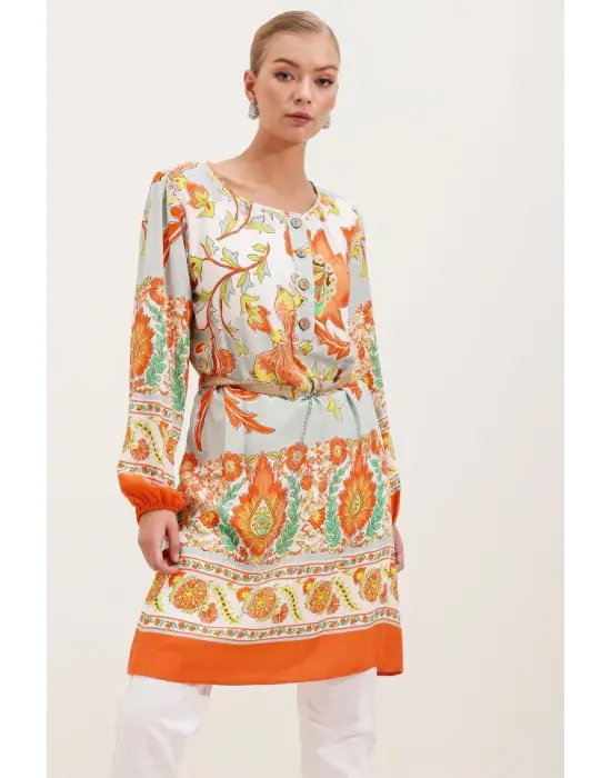 5902 Kemerli Desenli Elbise - Turuncu