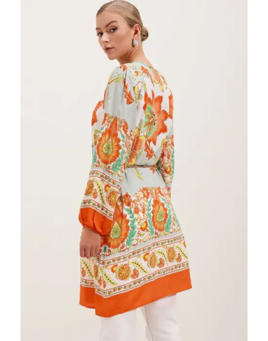 5902 Kemerli Desenli Elbise - Turuncu