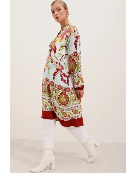 5903 Desenli Viskon Elbise - Bordo