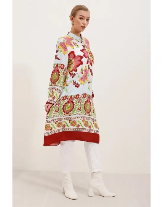 5903 Desenli Viskon Elbise - Bordo