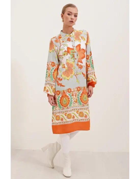 5903 Desenli Viskon Elbise - Turuncu