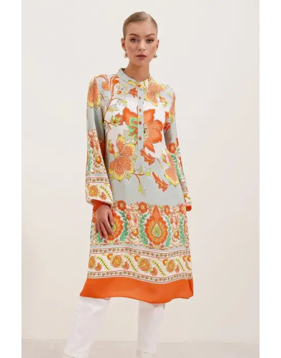 5903 Desenli Viskon Elbise - Turuncu