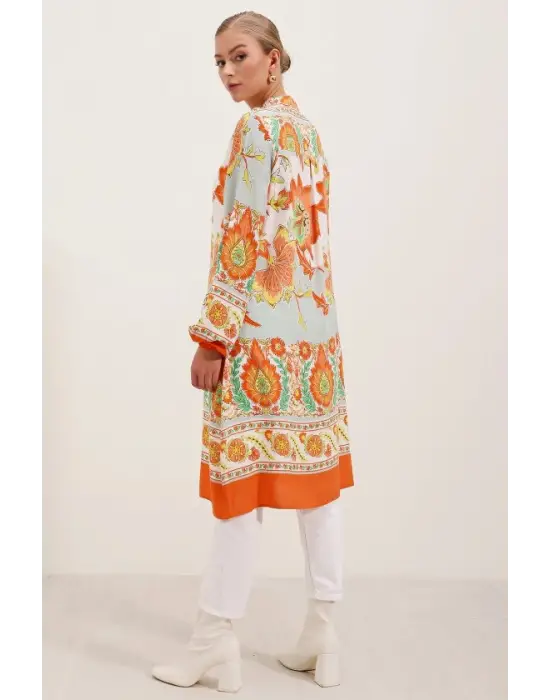 5903 Desenli Viskon Elbise - Turuncu