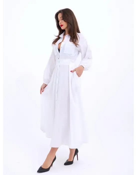 Omarı Kadife Detaylı Beyaz Elbise