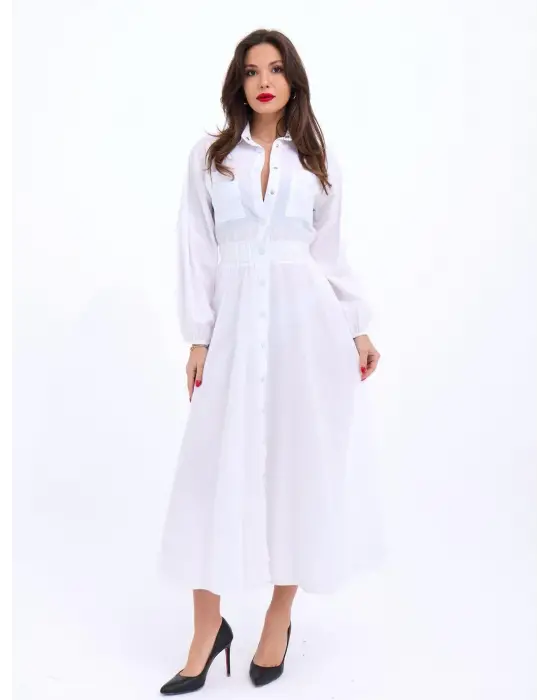 Omarı Kadife Detaylı Beyaz Elbise