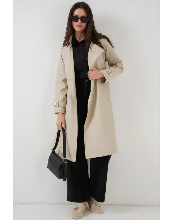 5918 Kruvaze Yaka Trençkot - Bej
