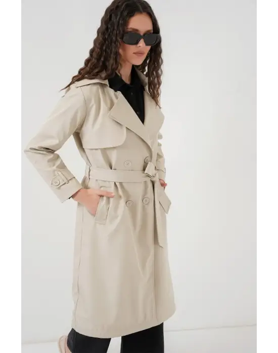 5918 Kruvaze Yaka Trençkot - Bej