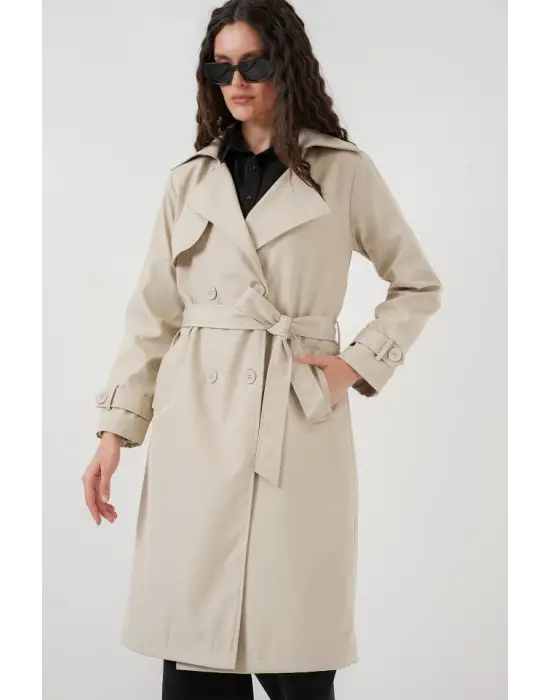 5918 Kruvaze Yaka Trençkot - Bej