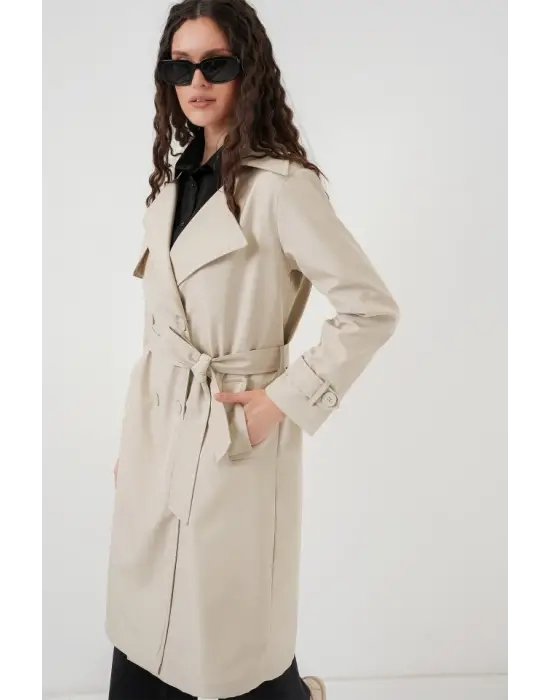 5918 Kruvaze Yaka Trençkot - Bej