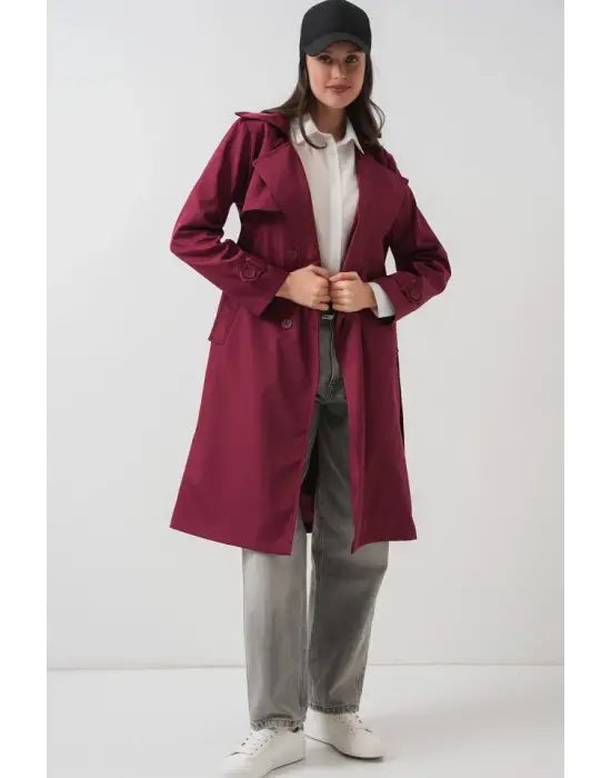 5918 Kruvaze Yaka Trençkot - Bordo