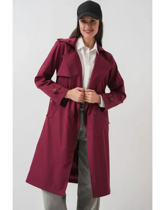 5918 Kruvaze Yaka Trençkot - Bordo