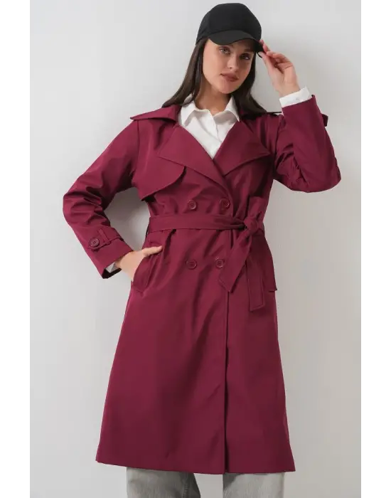 5918 Kruvaze Yaka Trençkot - Bordo
