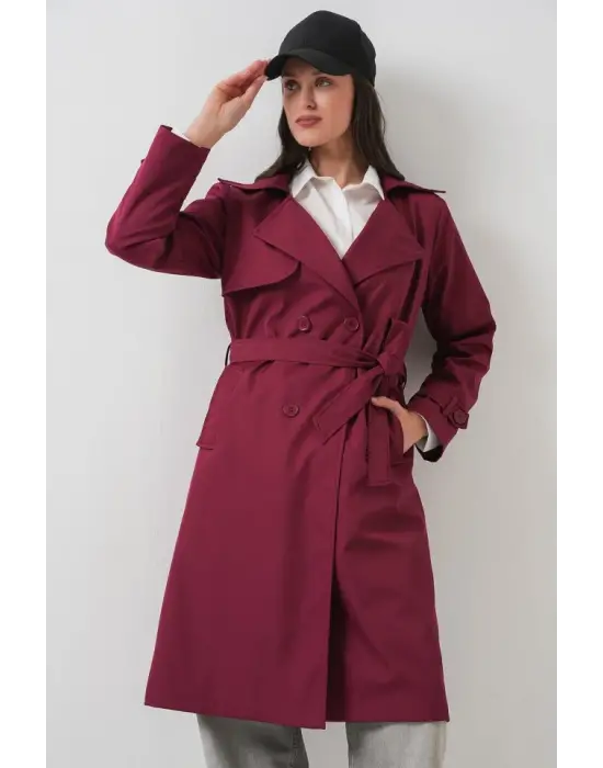 5918 Kruvaze Yaka Trençkot - Bordo