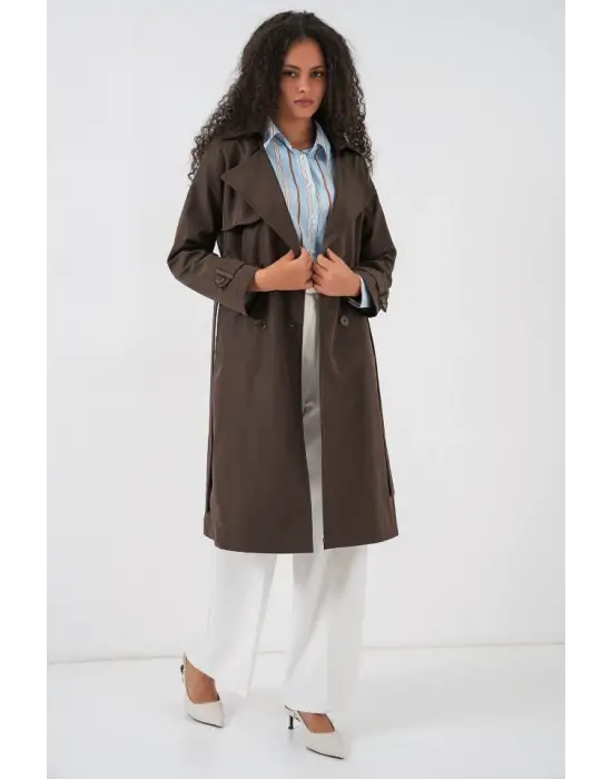 5918 Kruvaze Yaka Trençkot - C. Kahverengi