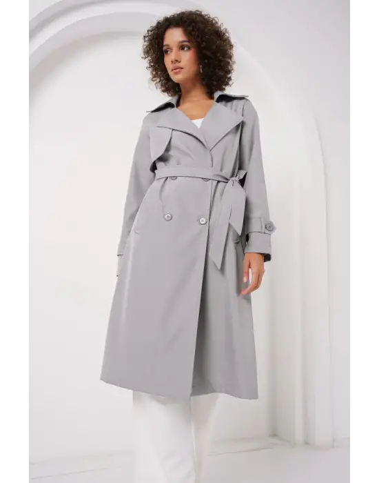 5918 Kruvaze Yaka Trençkot - Gri