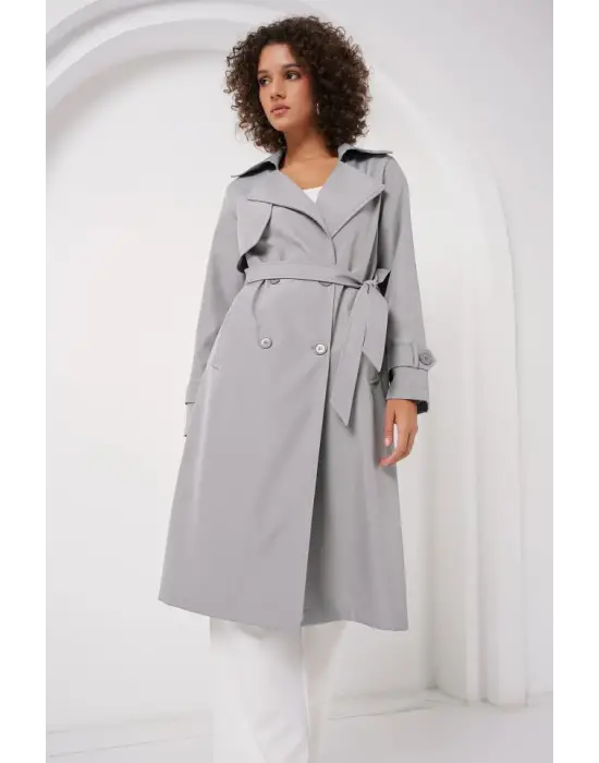 5918 Kruvaze Yaka Trençkot - Gri