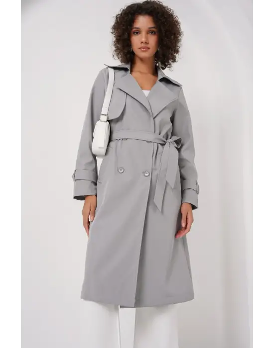 5918 Kruvaze Yaka Trençkot - Gri
