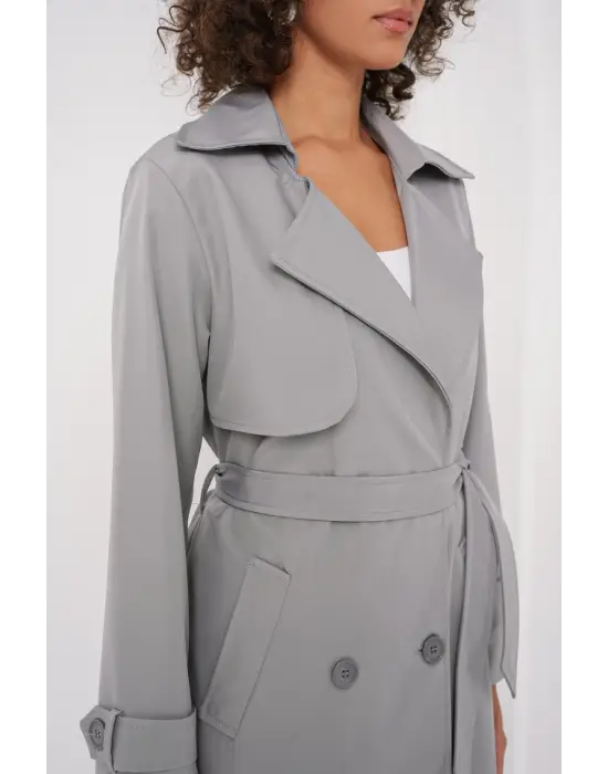 5918 Kruvaze Yaka Trençkot - Gri