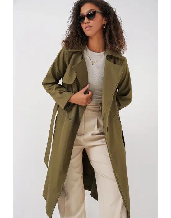 5918 Kruvaze Yaka Trençkot - Haki