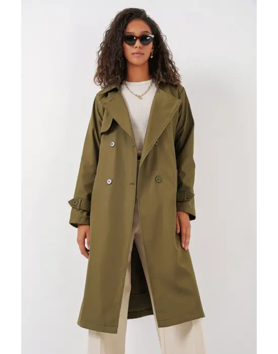 5918 Kruvaze Yaka Trençkot - Haki