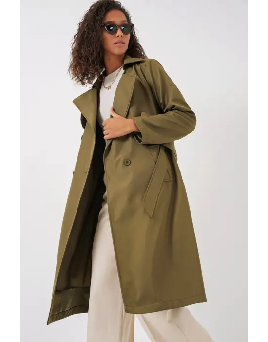 5918 Kruvaze Yaka Trençkot - Haki