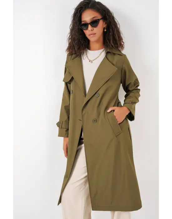 5918 Kruvaze Yaka Trençkot - Haki