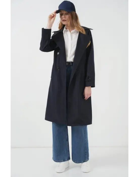 5918 Kruvaze Yaka Trençkot - Lacivert