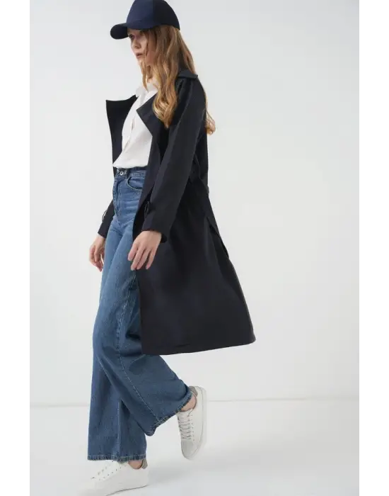 5918 Kruvaze Yaka Trençkot - Lacivert