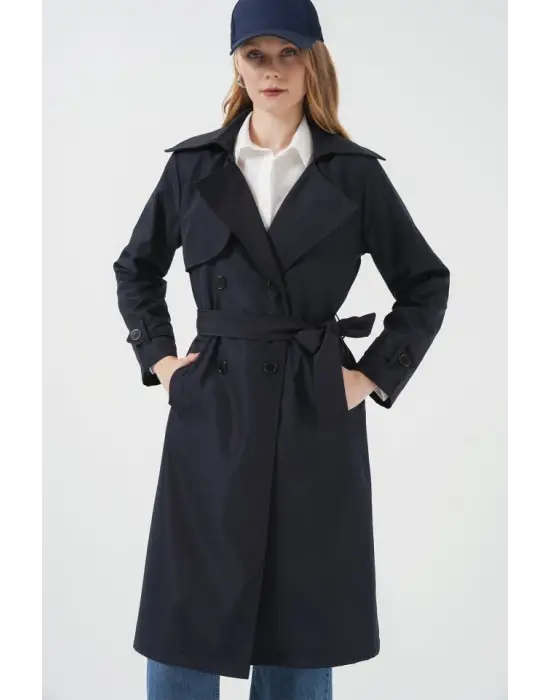 5918 Kruvaze Yaka Trençkot - Lacivert