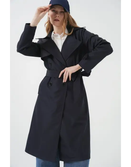 5918 Kruvaze Yaka Trençkot - Lacivert